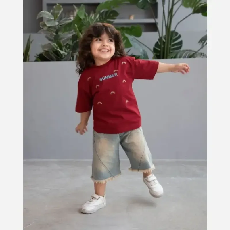 تیشرت و شلوارک جین کاغذی دخترانه طرح گیلاس سایز 35 و 40