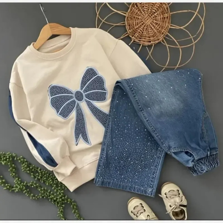 بلوز شلوار دخترانه مجلسی پاپیونی دورس پنبه و لی مناسب 5 تا 16 سال