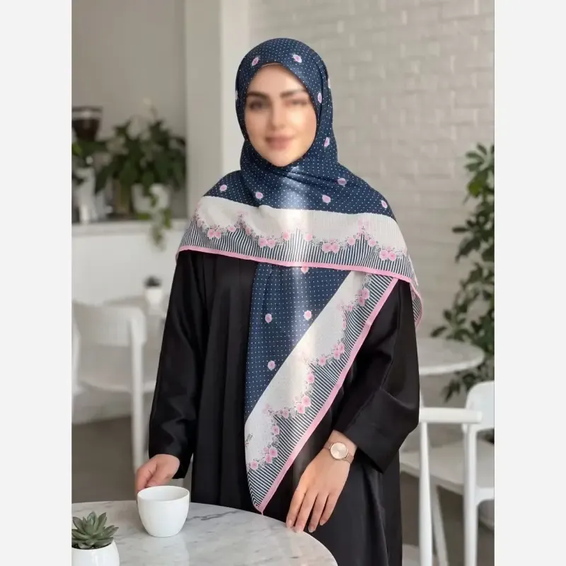 روسری سوپرنخ سرمه ای صورتی قواره 140 لطیف و نرم