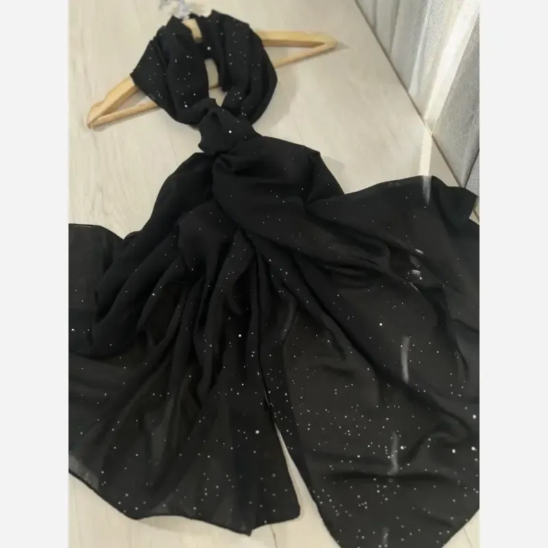 شال کرپ مشکی اکلیلی شیفون وارداتی سایز 70 در 198