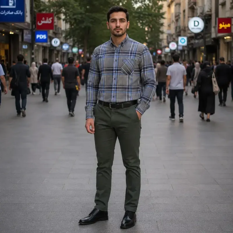 پیراهن آستین بلند مردانه نخی چهارخانه قواره آزاد جنس نخ پنبه