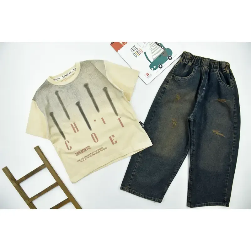 ست تیشرت و شلوار جین پسرانه مدل باکسی و نیم بگ کد 11619