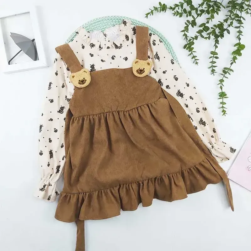 ست بلوز و سارافون دخترانه مخمل کبریتی طرح خرسی