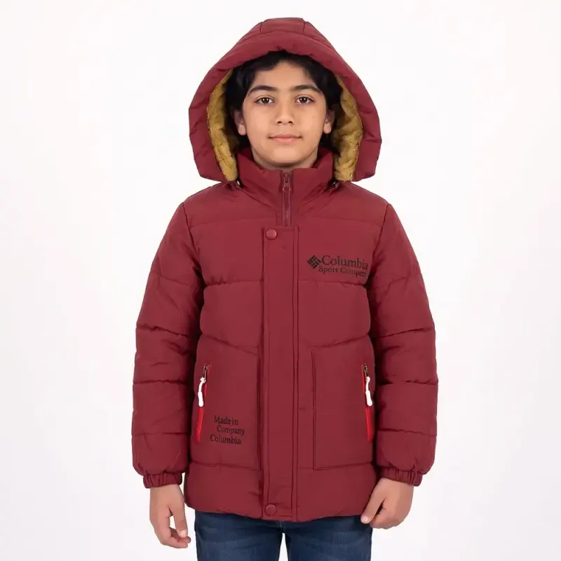 کاپشن پسرانه سیلیکونی کلمبیا رنگ زرشکی آستر خز کلاه دار