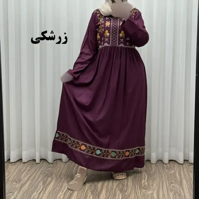 پیراهن نخی هندی سلن گلدوزی فری سایز تا 50 کمربنددار چهارفصل زنانه شیک