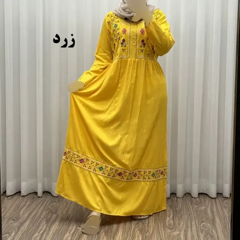 پیراهن نخی هندی سلن گلدوزی فری سایز تا 50 کمربنددار چهارفصل زنانه شیک