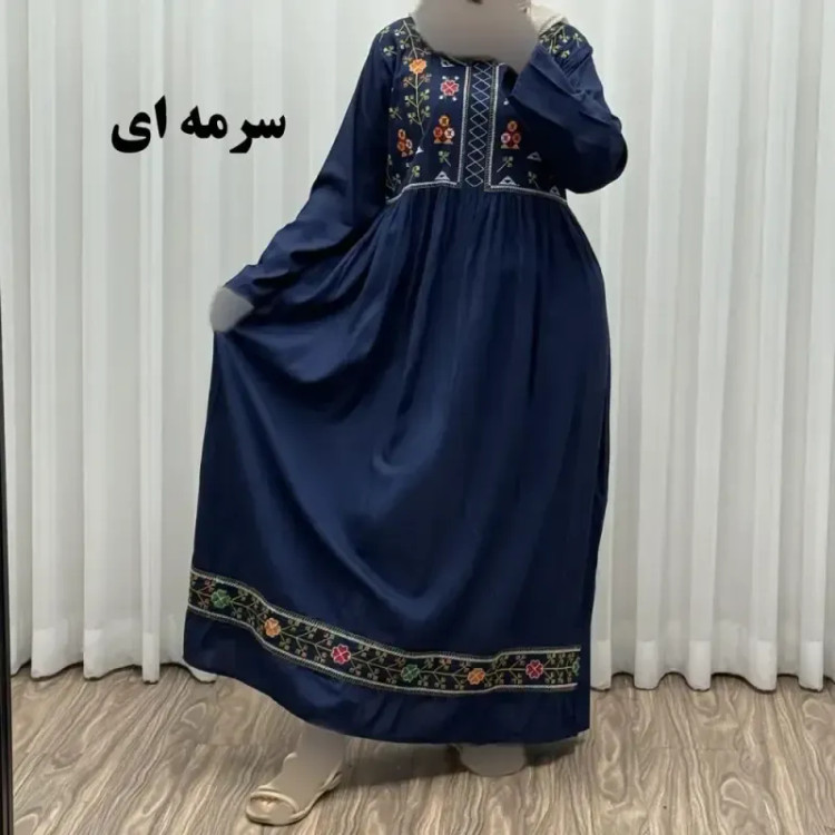 پیراهن نخی هندی سلن گلدوزی فری سایز تا 50 کمربنددار چهارفصل زنانه شیک