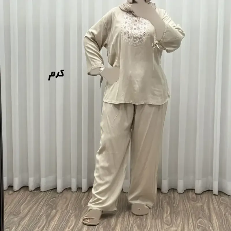 بلوز شلوار نخی مدل آیدا چاپی فری سایز مناسب تا سایز 50 شسته شده بدون آبرفت و رنگ رفت کمربند دار چهار فصل
