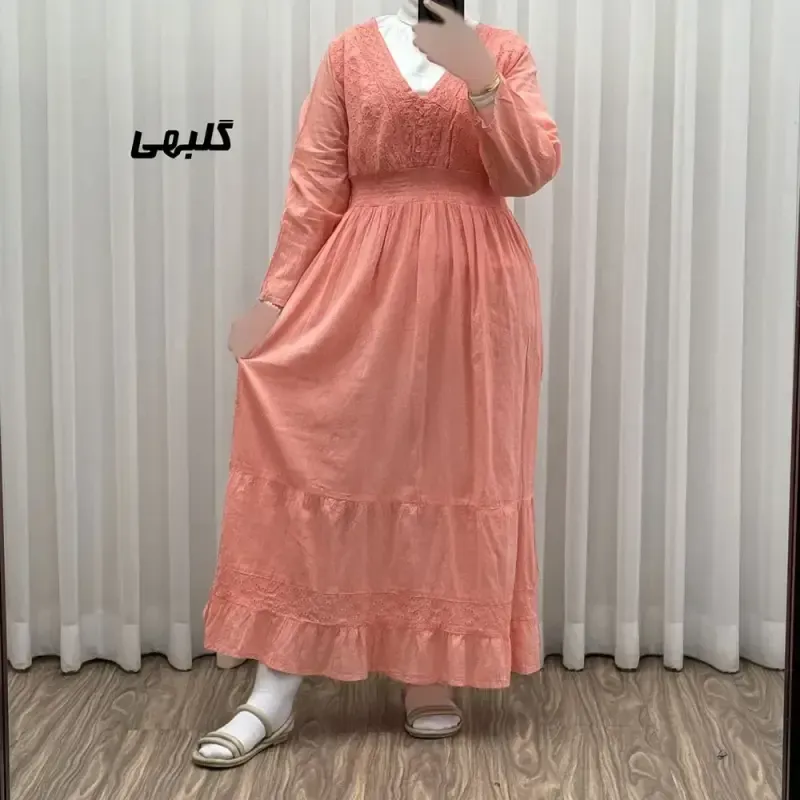 پیراهن ساحلی زنانه آستین بلند نخی تافته فری سایز مدل سلن دکمه دار آستردار