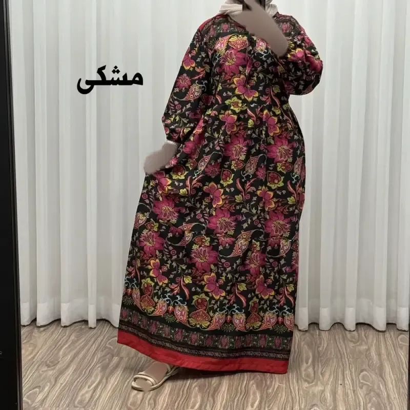 پیراهن فلور بوگاتی حاشیه دار نخی فری سایز تا 50 بنددار چهارفصل زنانه شیک