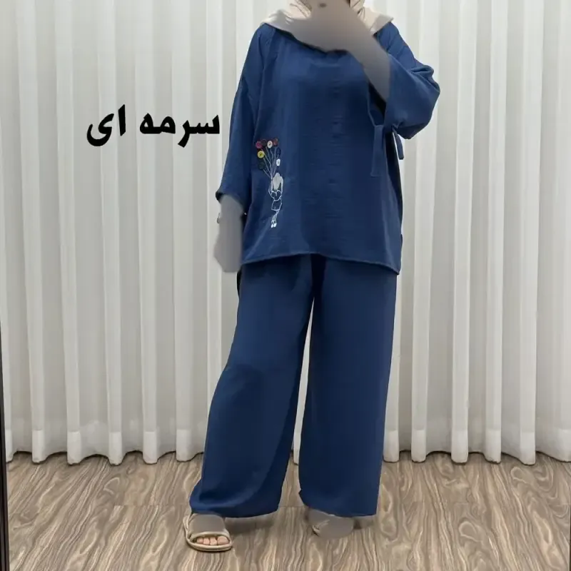 ست بلوز شلوار بادکنکی فری سایز تا 52 ابر و باد چهارفصل شیک و راحت بدون آبرفت و رنگ رفتگی