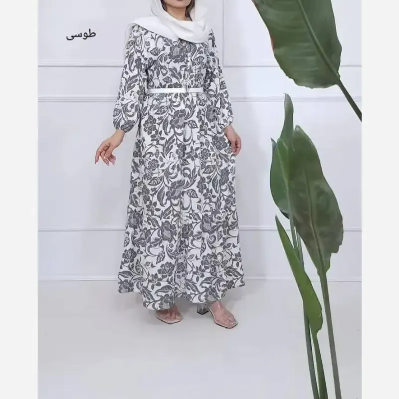 پیراهن ساحلی نخی فلور زمینه سفید فری سایز (38 تا 48) بدون بدن نما