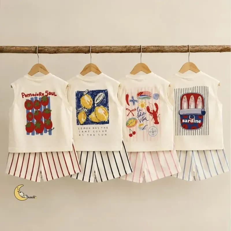 تاپ و شلوارک نخی دخترانه و پسرانه طرح راه راه تابستانی سایز 2 تا 6 سال