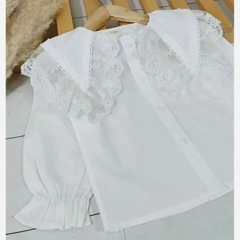 شومیز مجلسی دخترانه کتان نخ یقه گیپور وارداتی سایز 3 تا 8 سال
