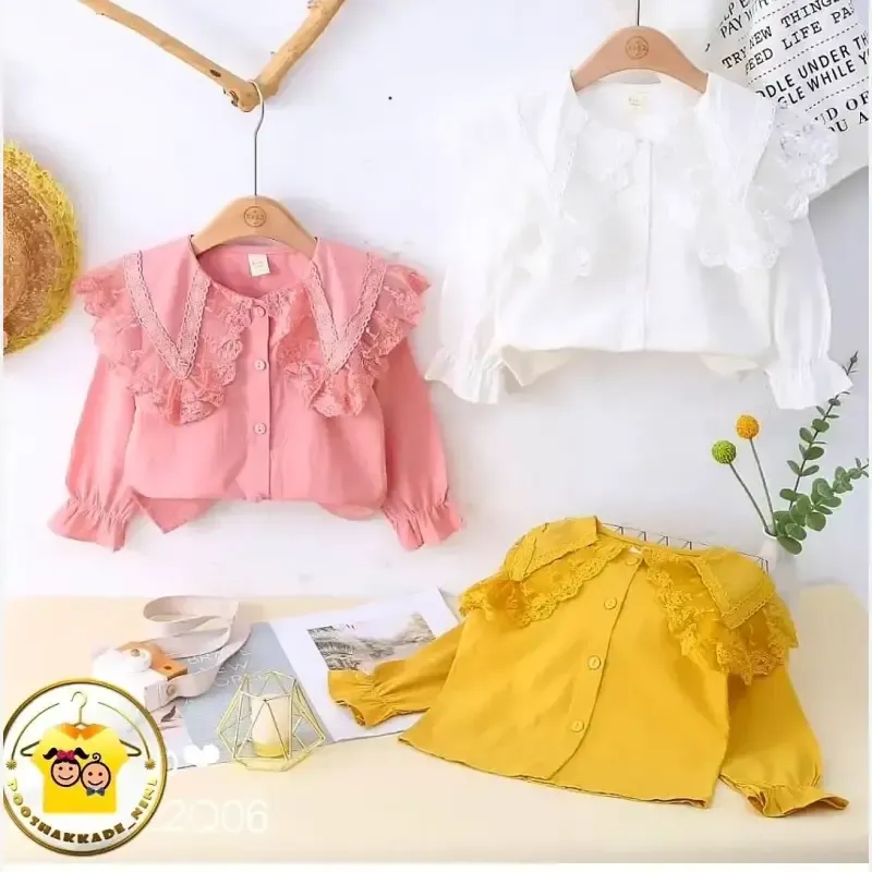 شومیز مجلسی دخترانه کتان نخ یقه گیپور وارداتی سایز 3 تا 8 سال