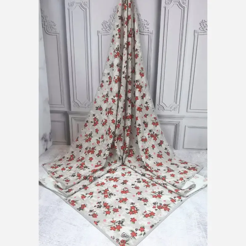 روسری نخ کاستوم طرح چیچک گل سرخ طوسی قواره بزرگ 140 سانتیمتر