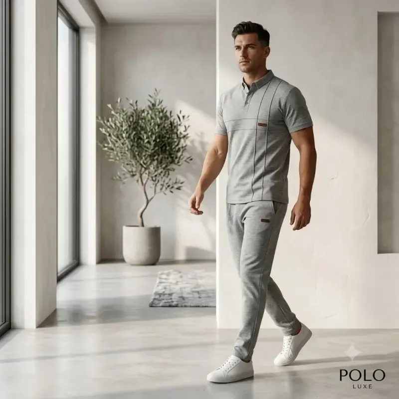 ست پولوشرت و شلوار مردانه طوسی اش نخ و ملانژ دو سایز مناسب روزمره ورزش و پیاده روی