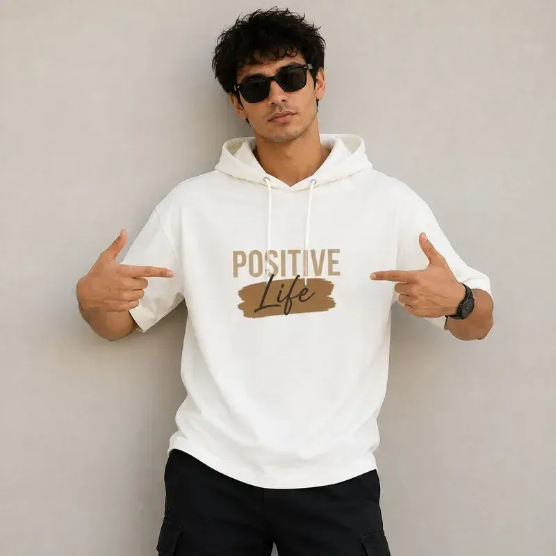 تی شرت مردانه کلاهدار پنبه ای طرح حروف مدل positive