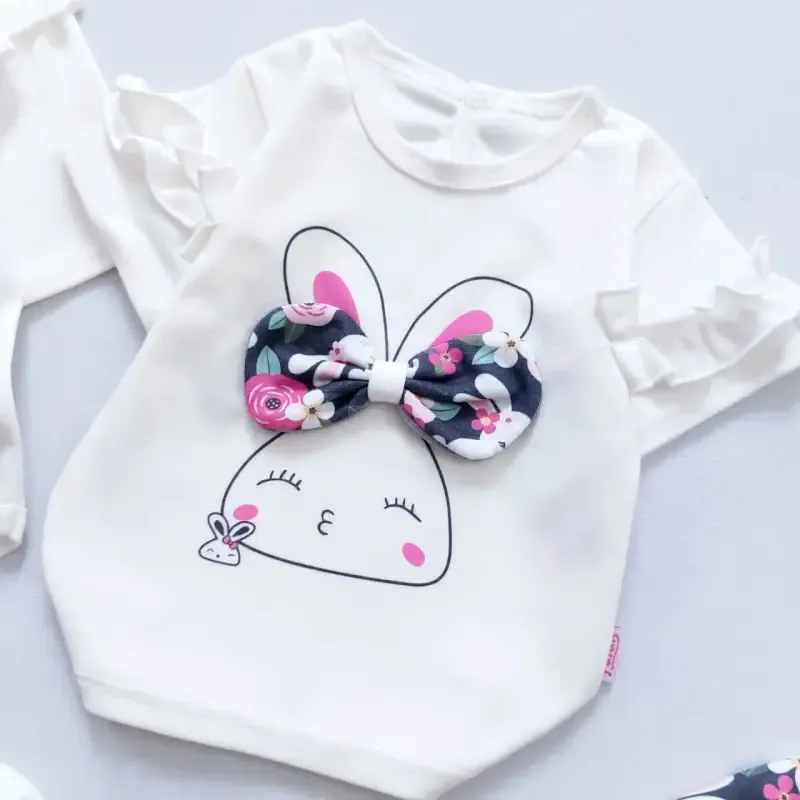 ست تیشرت و شلوار نوزادی دخترانه طرح خرگوش پاپیونی جنس پنبه ضدحساسیت