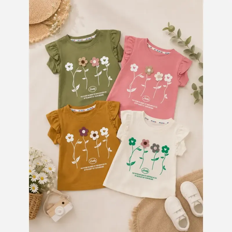 بلوز دخترانه گل برجسته آستین کوتاه پنبه نخ سایز 2 تا 9 سال