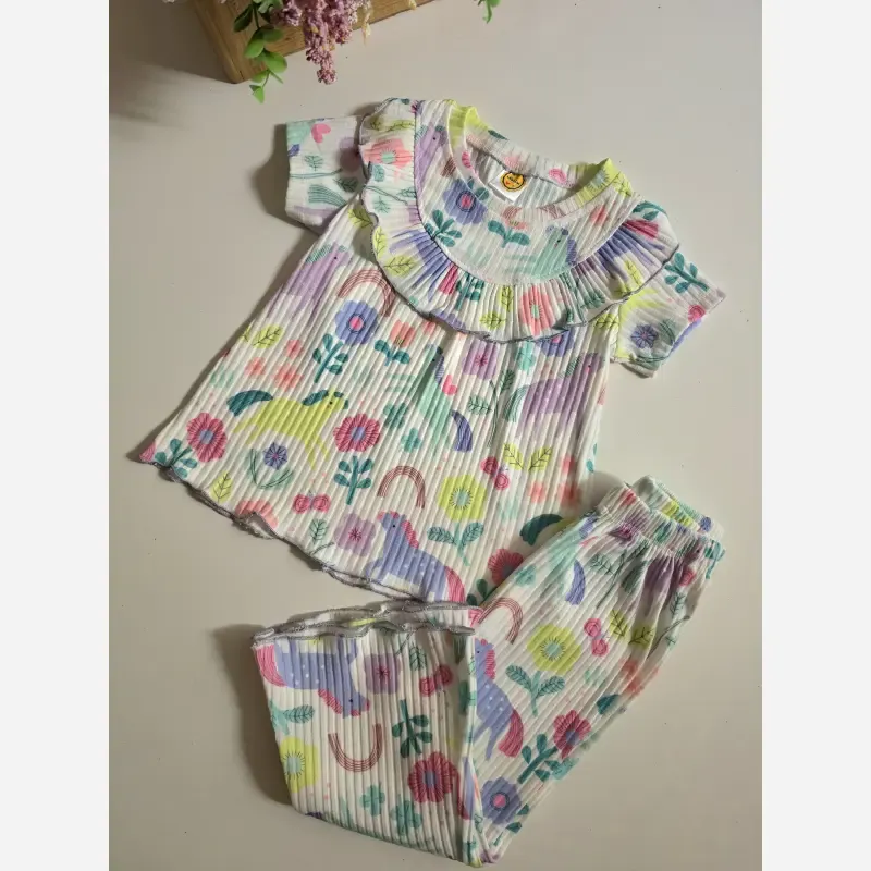 ست بلوز شلوار راحتی دخترانه طرح دار خنک تابستانی 1 تا 12 سال