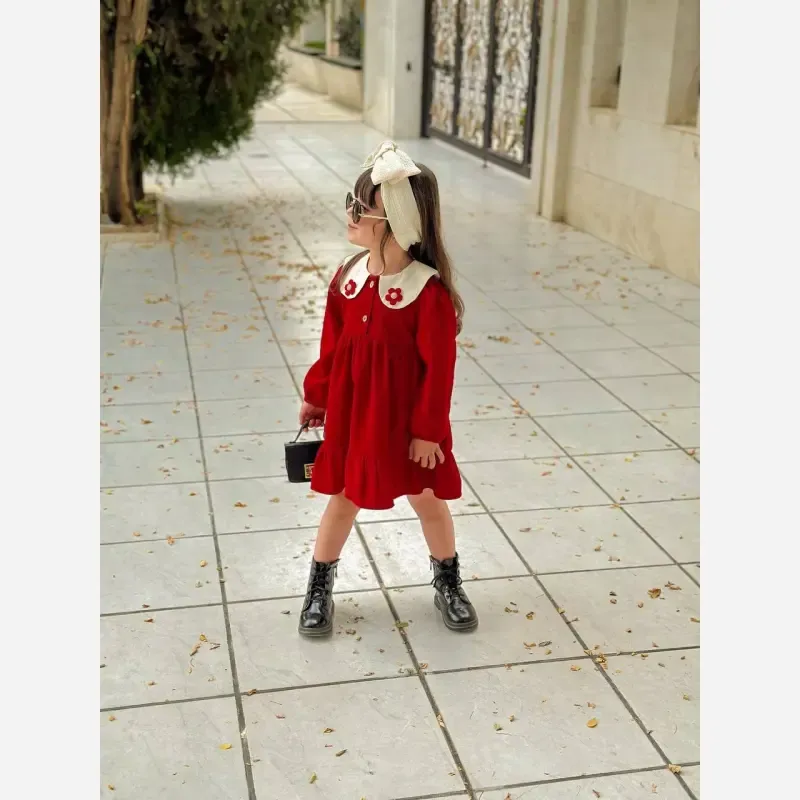 پیراهن دخترانه مخمل کبریتی یلدایی سایز 2 تا 6 سال