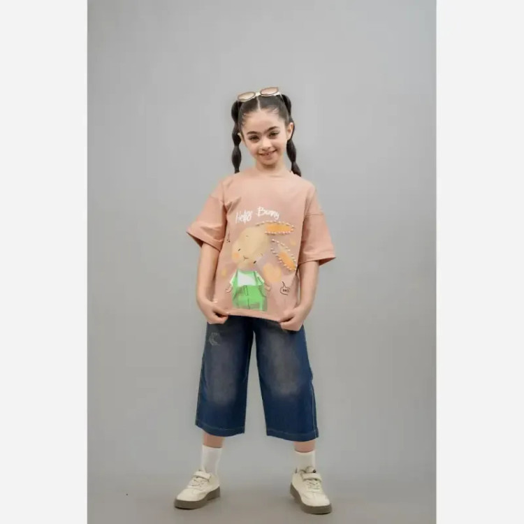 ست تیشرت و شلوارک جین دخترانه مروارید دوزی شده سایز 35 تا 50