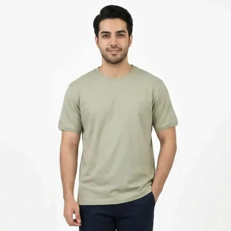تیشرت بیسیک مردانه پنبه خالص یقه گرد رنگ خاکی