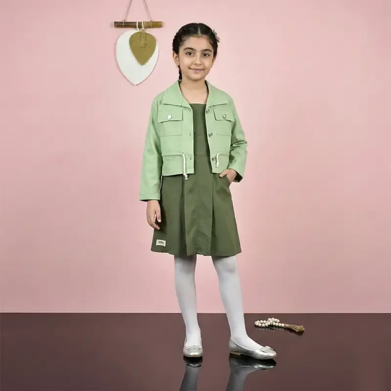 ست کت و سارافون دخترانه کتان سبز رنگ