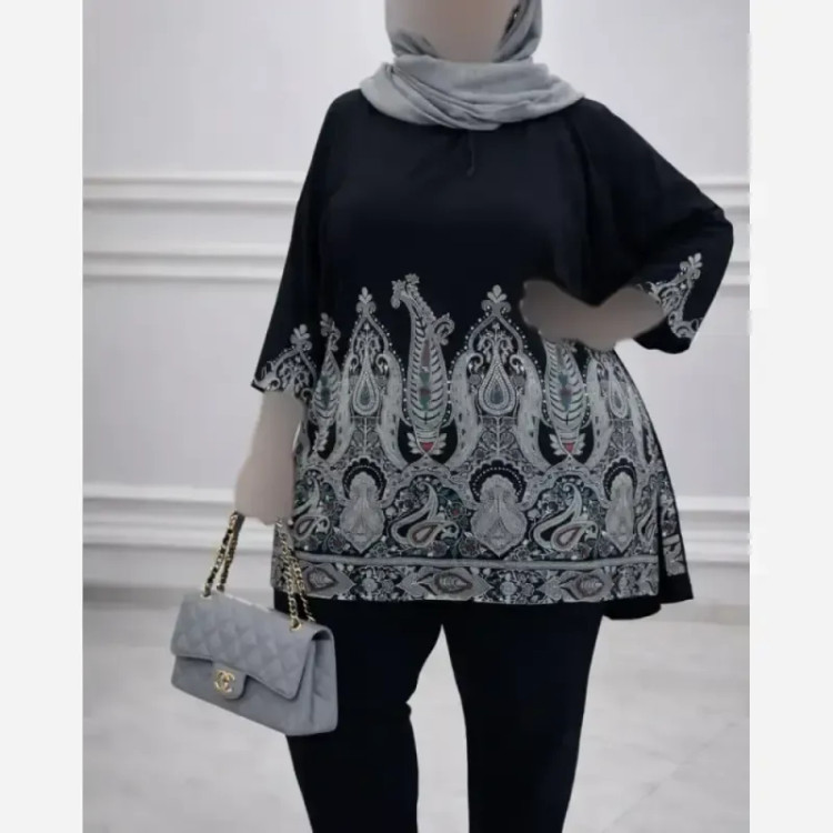 تونیک زنانه مشکی سایزبزرگ اندونزی طرح سنتی فرم آزاد