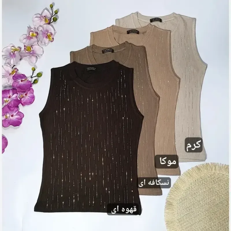 تاپ کراپ کبریتی نگین دار یقه گرد تک سایز