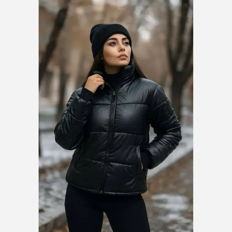 کاپشن زنانه چرم جیب دار پشم شیشه فری سایز مشکی سرمه ای
