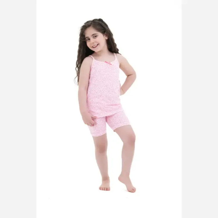 ست تاپ و شورت دخترانه طرح قلب و ستاره رنگ سرخابی جنس پنبهای