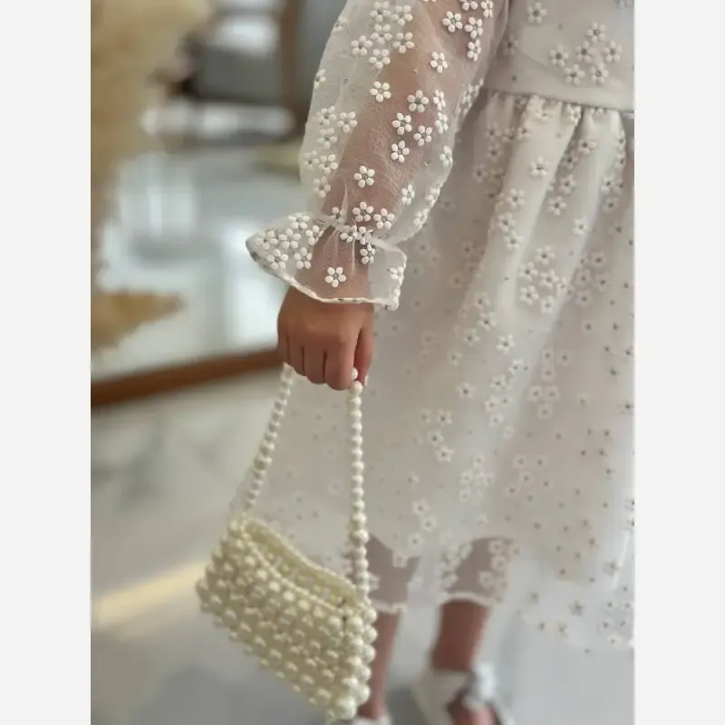 پیراهن مجلسی بچگانه آراگل تور گل گچی آستر دار سایز 2 تا 9 سال