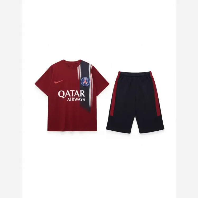 کیت لباس ورزشی فوتبالی پاریسن ژرمن ست تیشرت و شلوارک بچگانه قرمز و سرمه ای مناسب 9 تا 15 سال