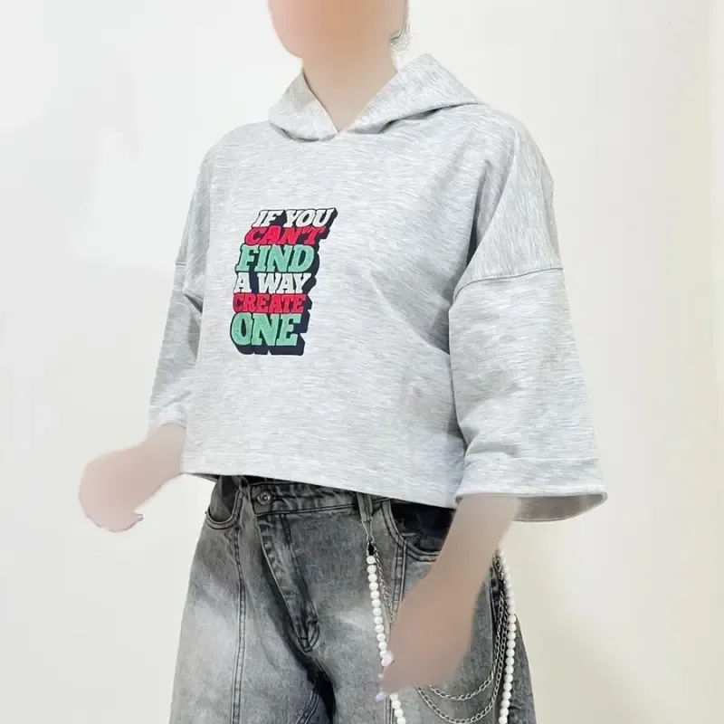 تیشرت کراپ باکسی کلاه دار چاپدار جنس گلکسی قد 50 سانت