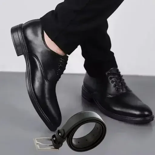 ست کفش مردانه مدل رویال و کمربند چرم صنعتی مشکی