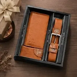 ست هدیه مردانه کیف پول جاکارتی و کمربند چرم صنعتی با جعبه کادویی