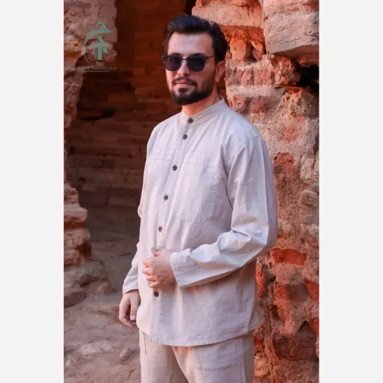 پیراهن مردانه الیاف طبیعی تمام دکمه سه خط رنگ استخوانی